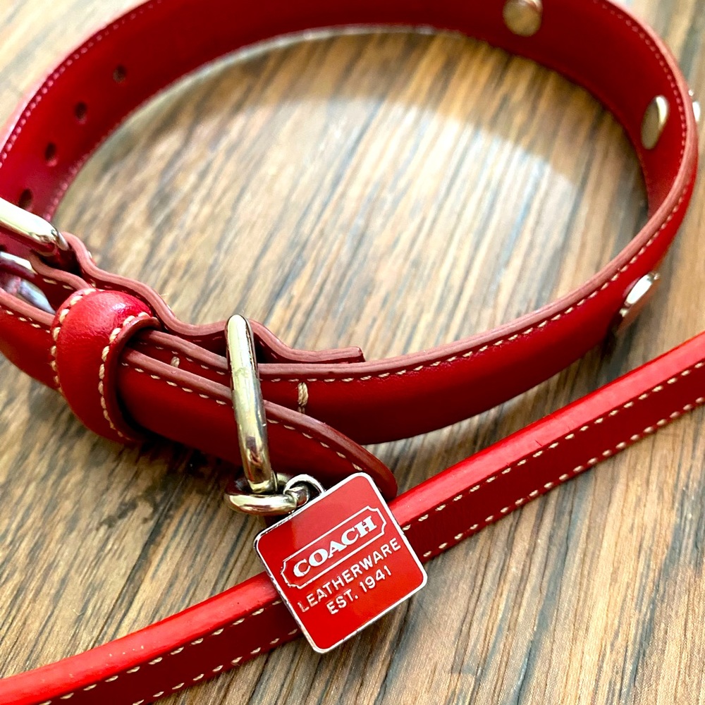 Coach Red Crossgrain Leather Dog Collar and Leash, Size Small